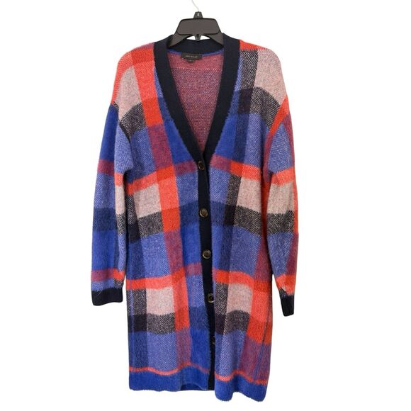 Ann Taylor Sweaters - Ann Taylor Duster Cardigan Sweater Sz XS Plaid Long Boyfriend Button Purple